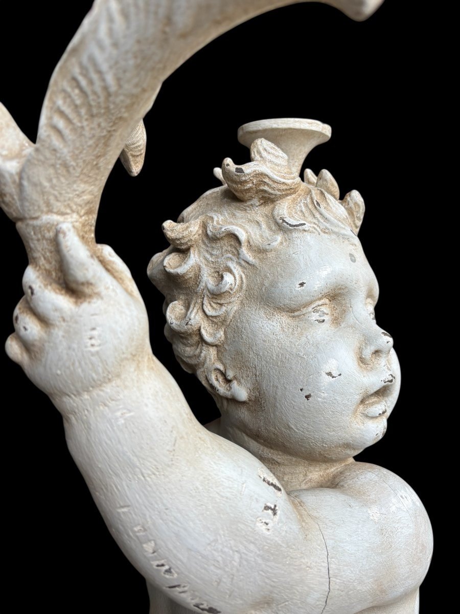 Large 18th Century Painted Wooden Sculpture Of Putti. (92 Cm)-photo-5