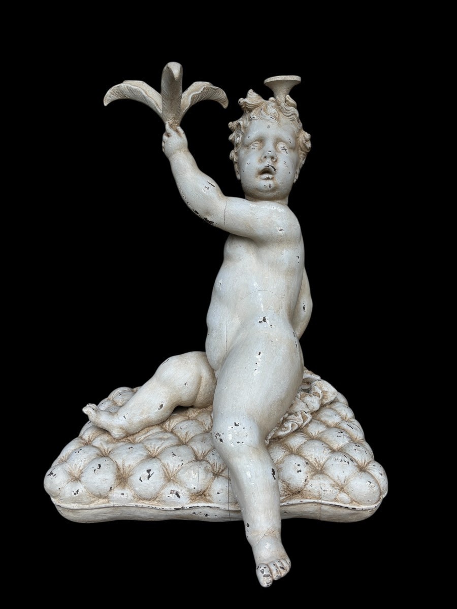 Large 18th Century Painted Wooden Sculpture Of Putti. (92 Cm)