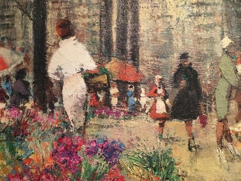 Peinture Huile Sur Toile "marché Aux Fleurs d'été" 20ème.-photo-5