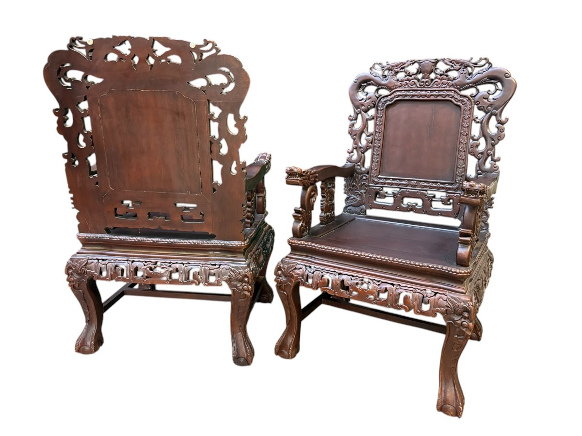 Pair Of Asian Armchairs In Solid Wood, 20th Century-photo-4