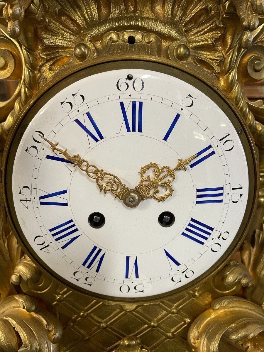 Large French Clock With Floral Decoration In Gilt Bronze, 19th Century. (65 Cm)-photo-2