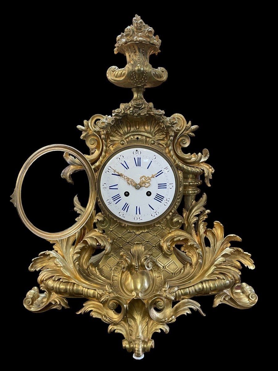 Large French Clock With Floral Decoration In Gilt Bronze, 19th Century. (65 Cm)-photo-5