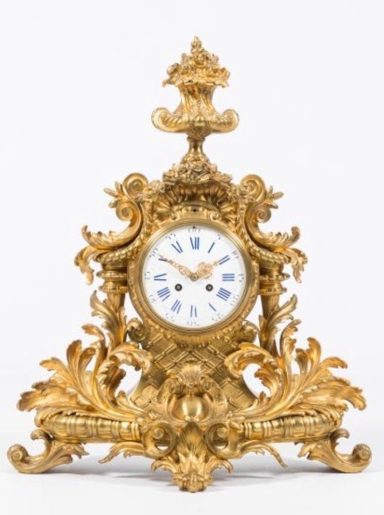 Large French Clock With Floral Decoration In Gilt Bronze, 19th Century. (65 Cm)