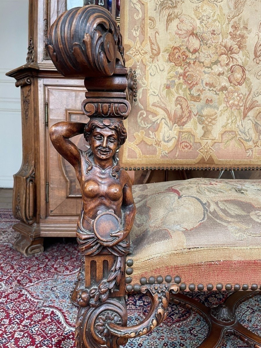 Grand Fauteuil "2 Sculptures" En Noyer Avec Tissu Gobelain 19ème.-photo-1