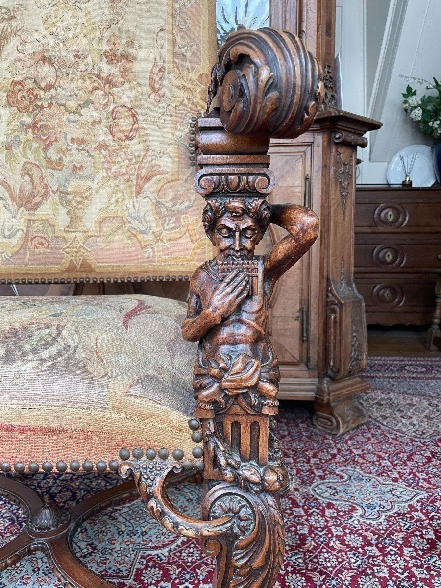 Grand Fauteuil "2 Sculptures" En Noyer Avec Tissu Gobelain 19ème.-photo-2