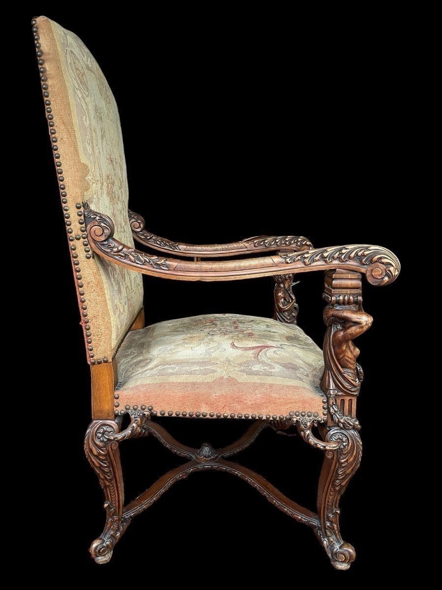 Grand Fauteuil "2 Sculptures" En Noyer Avec Tissu Gobelain 19ème.-photo-3