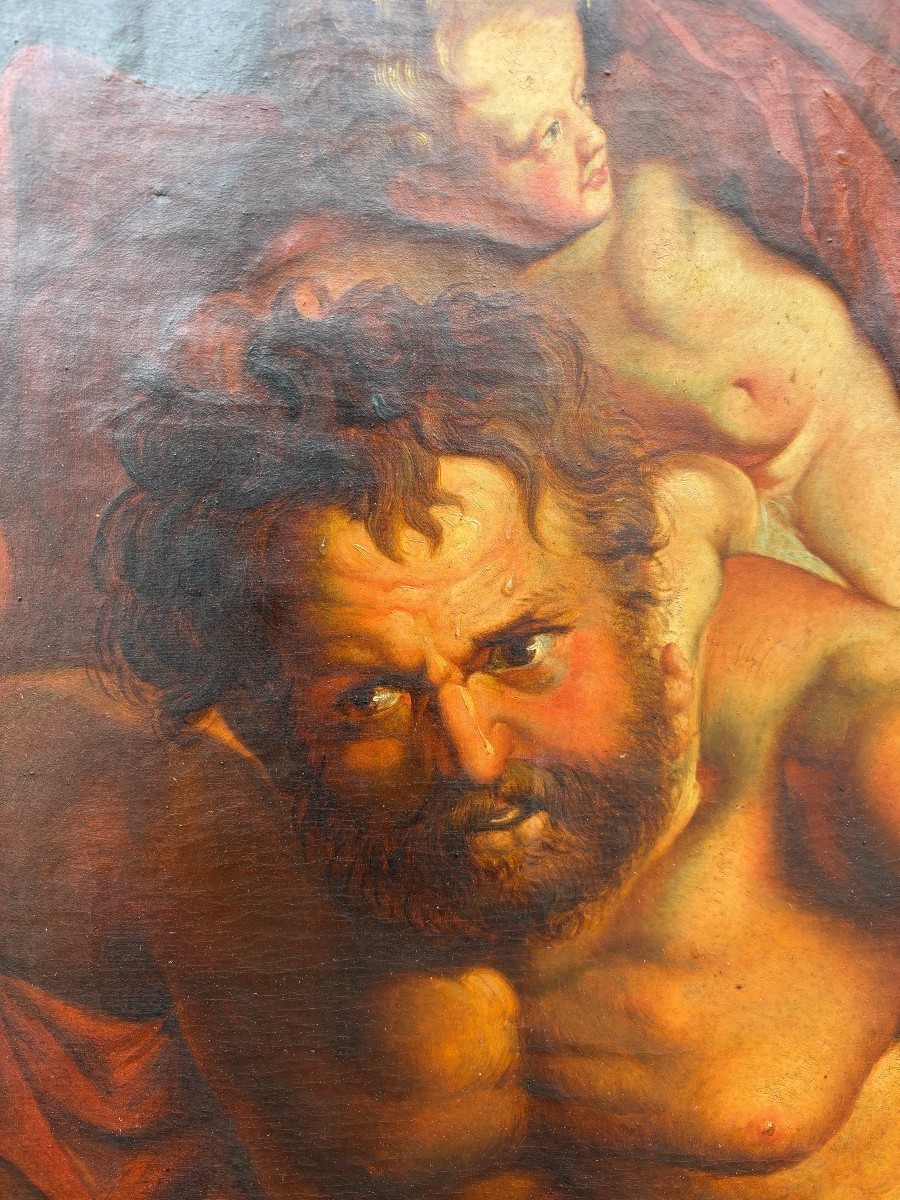 Tableau décoratif « Christophe et le Christ » huile sur toile début 19ème. ( 150 cm )-photo-2