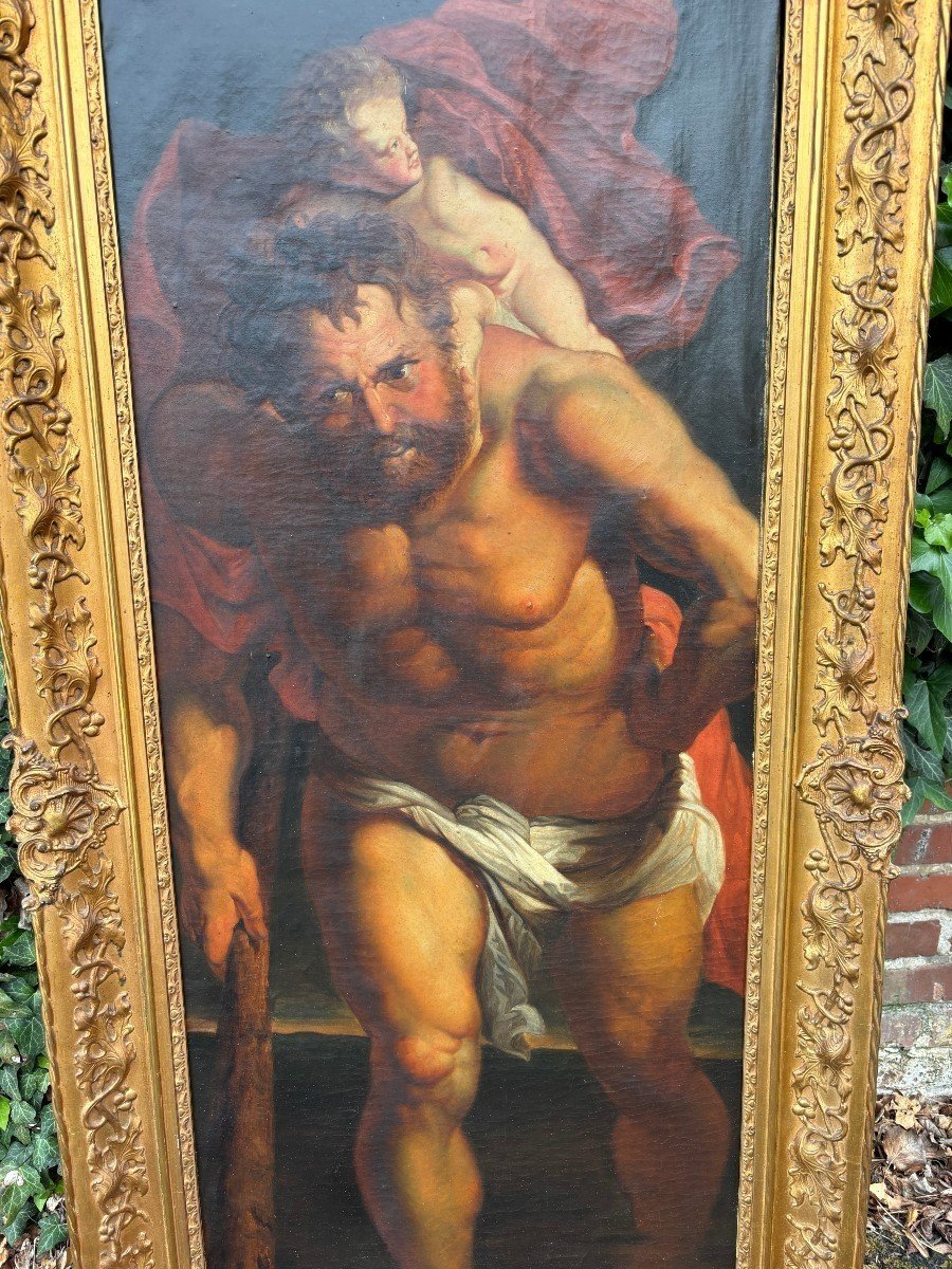 Tableau décoratif « Christophe et le Christ » huile sur toile début 19ème. ( 150 cm )-photo-2