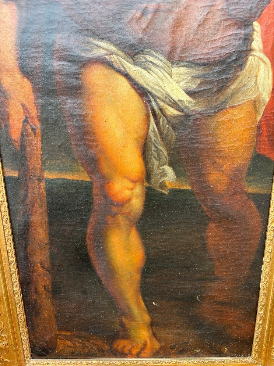 Tableau décoratif « Christophe et le Christ » huile sur toile début 19ème. ( 150 cm )-photo-3