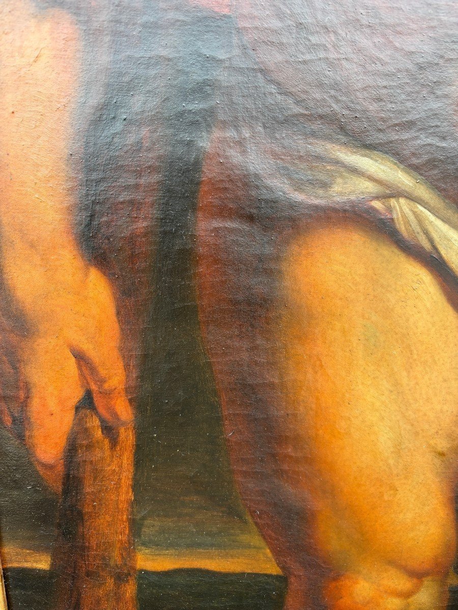 Tableau décoratif « Christophe et le Christ » huile sur toile début 19ème. ( 150 cm )-photo-4