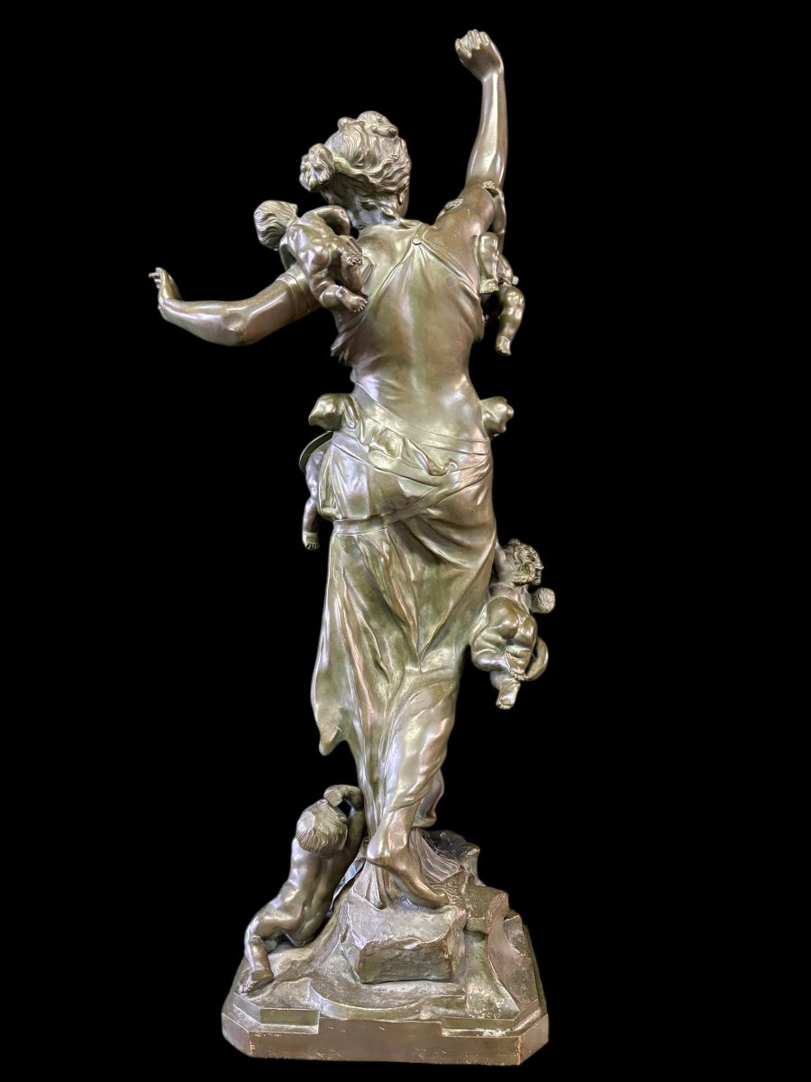 Large Bronze Sculpture (81 Cm) "lady With 5 Putti" 19th Century.-photo-6