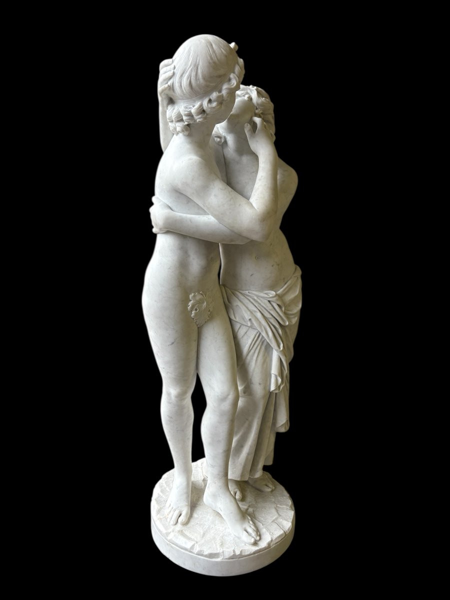 Large Sculpture (116 Cm) "amor And Psyche" In Carrara Marble, 19th Century-photo-4
