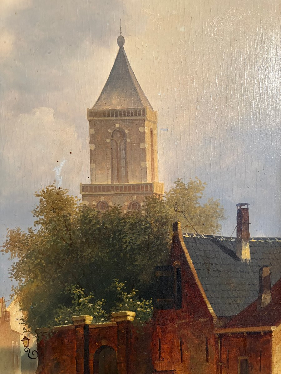Painting "view Of An Old Dutch Town" Oil On Panel, 19th Century-photo-1