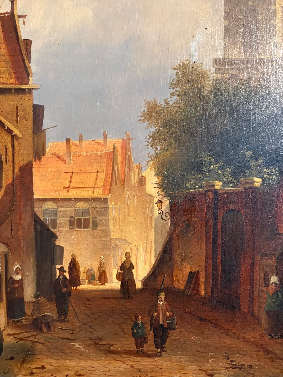 Painting "view Of An Old Dutch Town" Oil On Panel, 19th Century-photo-3