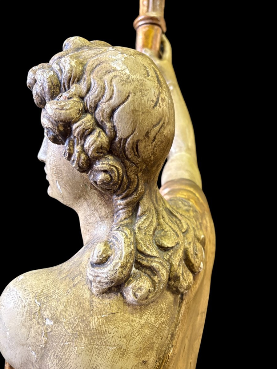 Paire de grandes sculptures / torchères en bois polychrome/doré du XVIIIe siècle.-photo-4