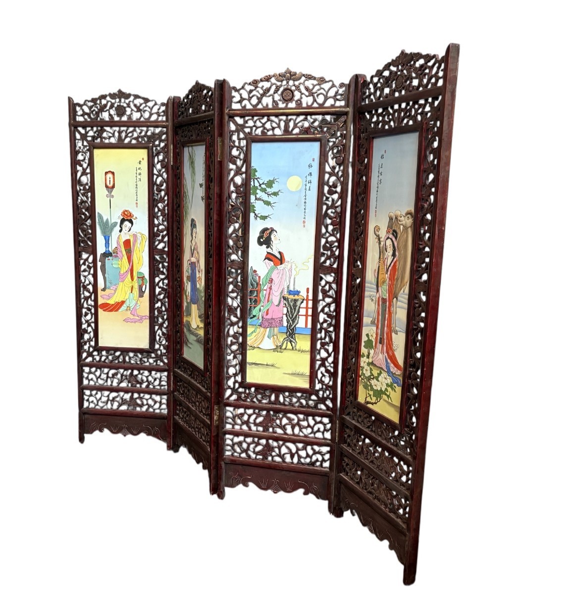 Paravent chinois à quatre panneaux double face en bois/porcelaine début 20ème.-photo-4