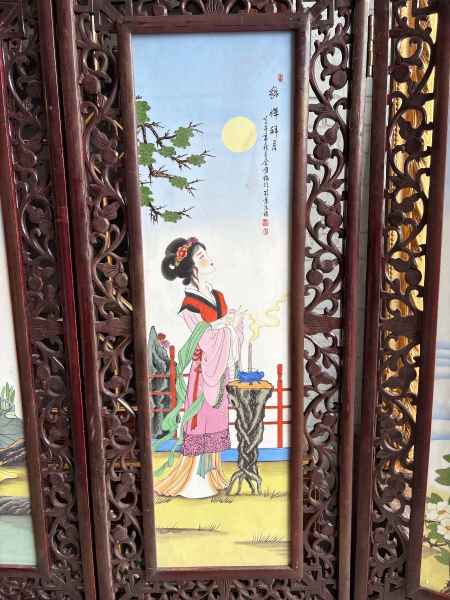 Paravent chinois à quatre panneaux double face en bois/porcelaine début 20ème.-photo-3