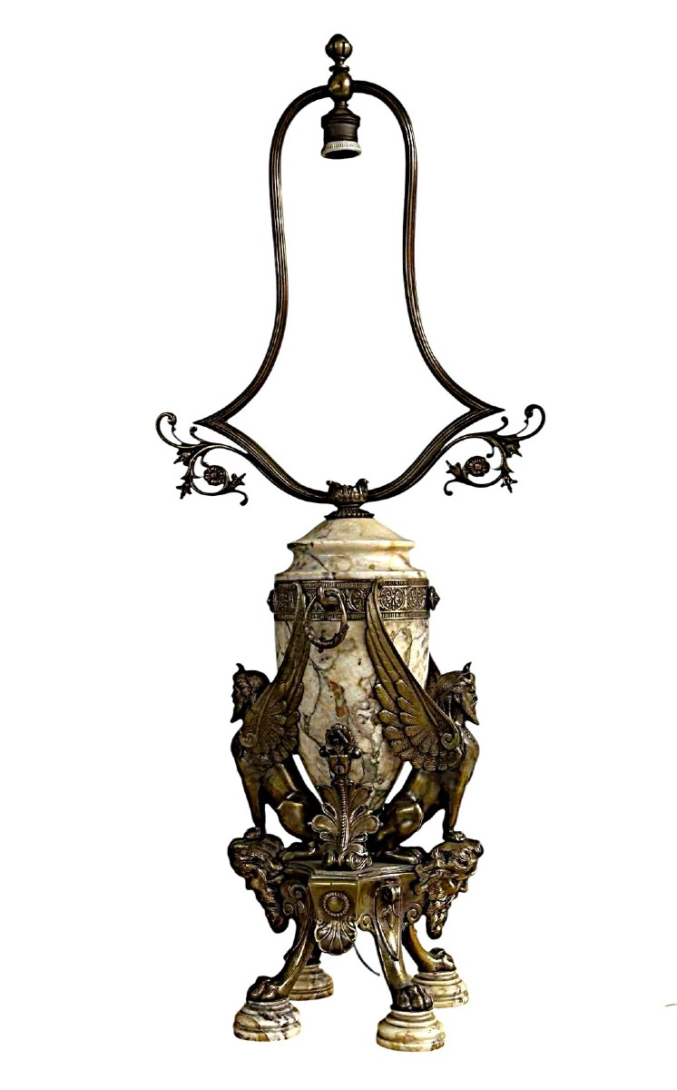Pied de lampe « Sphinx mythologiques » en bronze / marbre 1920-photo-2