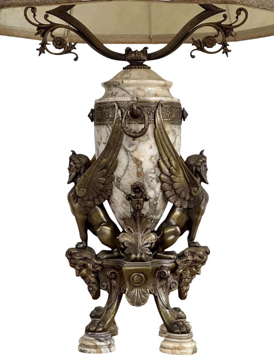 Pied de lampe « Sphinx mythologiques » en bronze / marbre 1920-photo-4