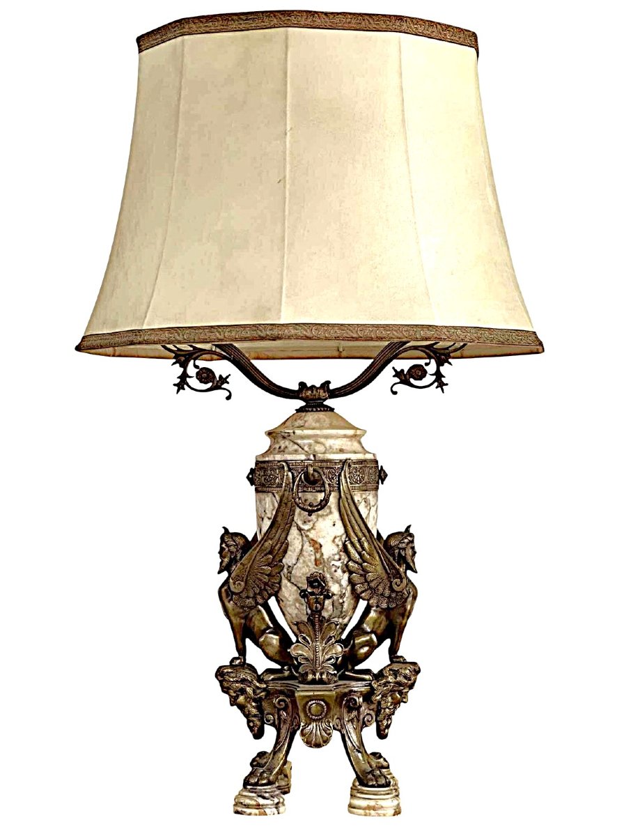 Pied de lampe « Sphinx mythologiques » en bronze / marbre 1920-photo-1