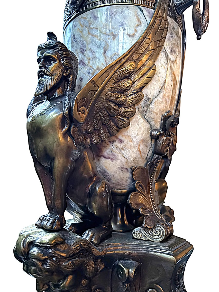 Pied de lampe « Sphinx mythologiques » en bronze / marbre 1920-photo-8