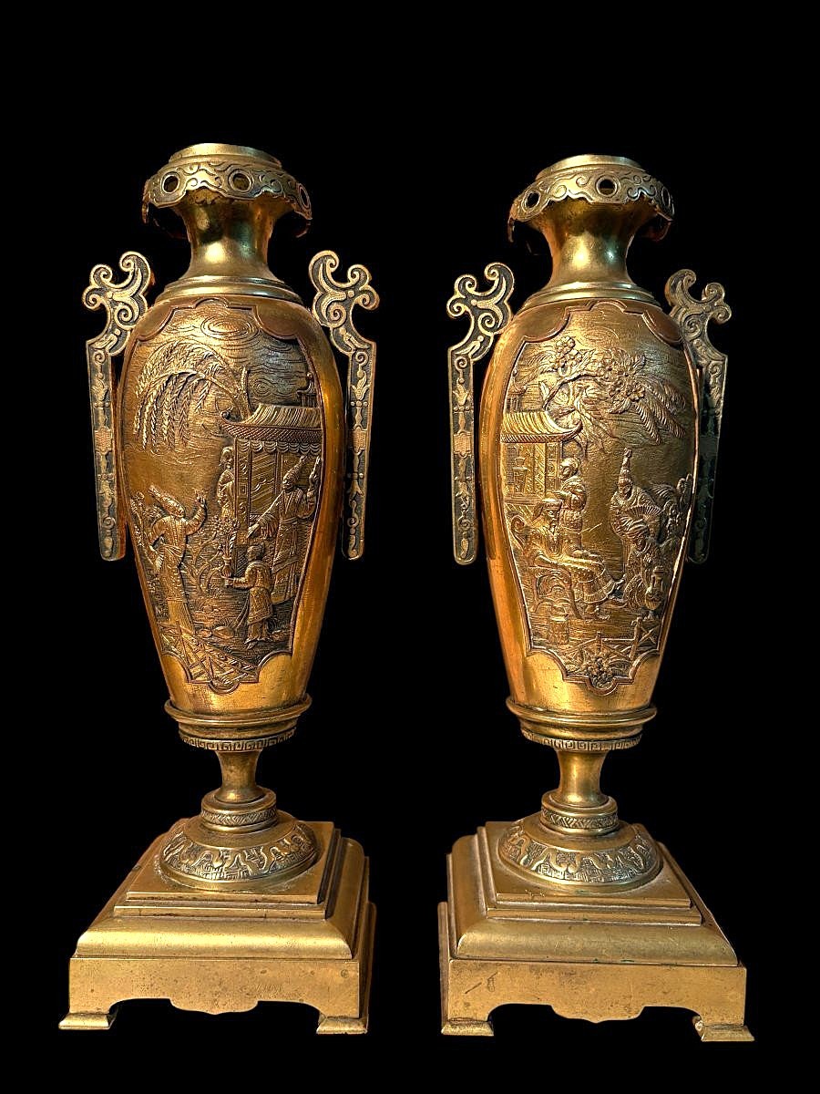 19th Century Japanese Style Bronze "pagoda" Fireplace Set.-photo-1