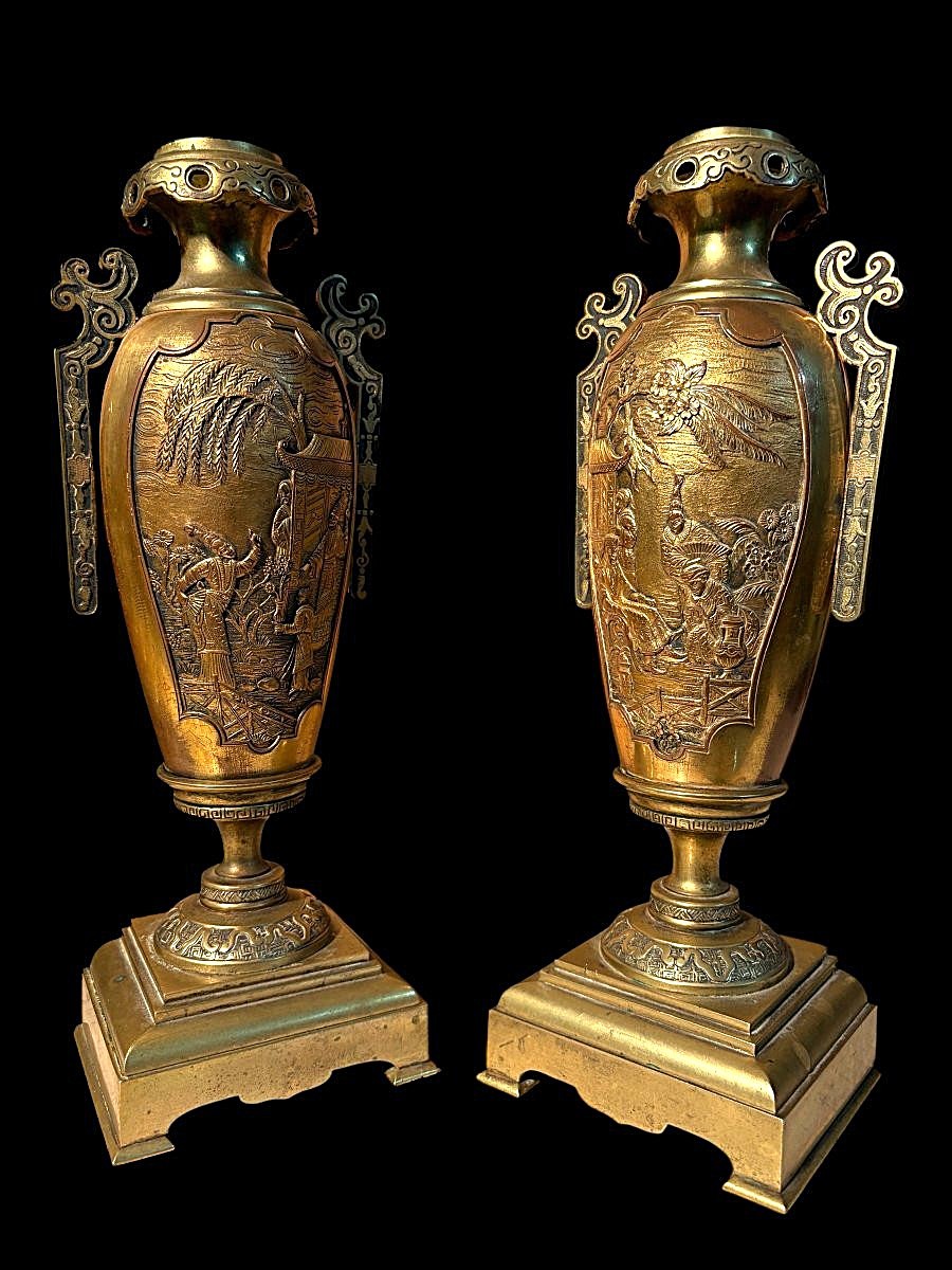 19th Century Japanese Style Bronze "pagoda" Fireplace Set.-photo-8