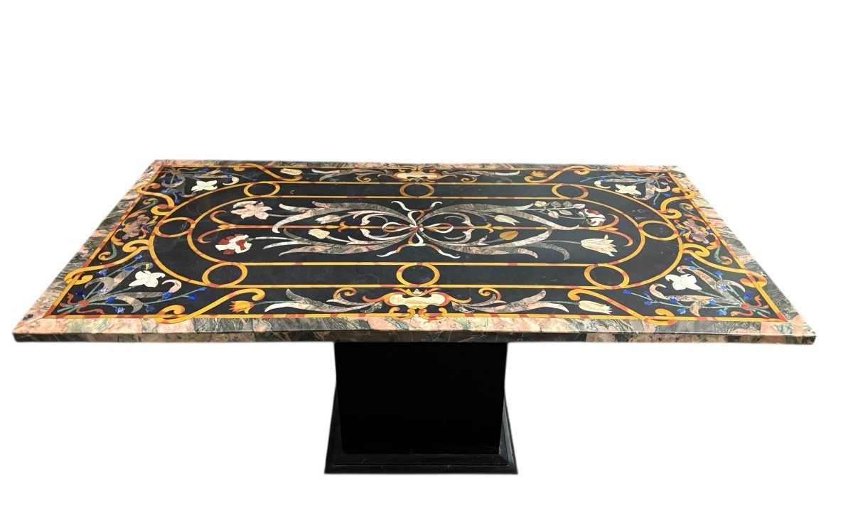 Large Italian Marble Table With Colored Semi-precious Stones, 20th Century-photo-4