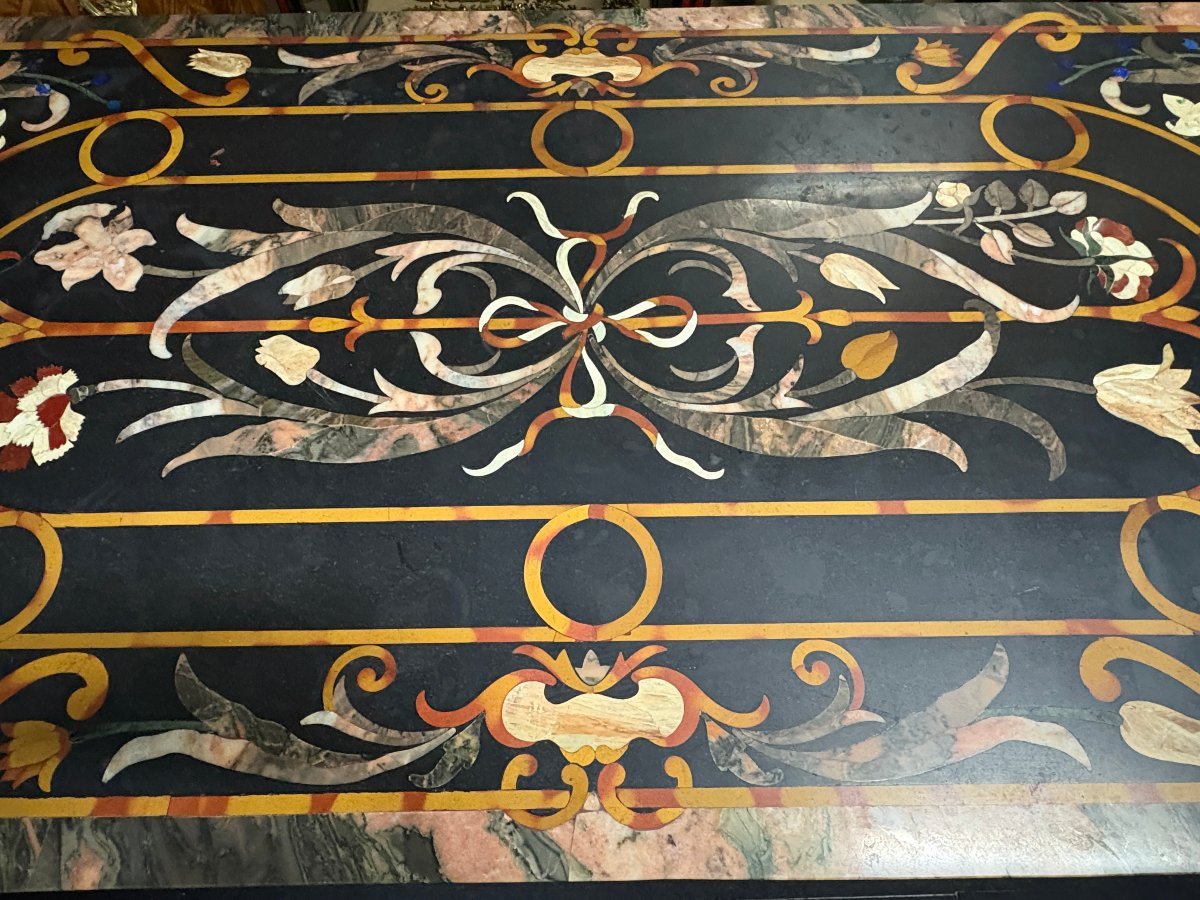 Large Italian Marble Table With Colored Semi-precious Stones, 20th Century-photo-2