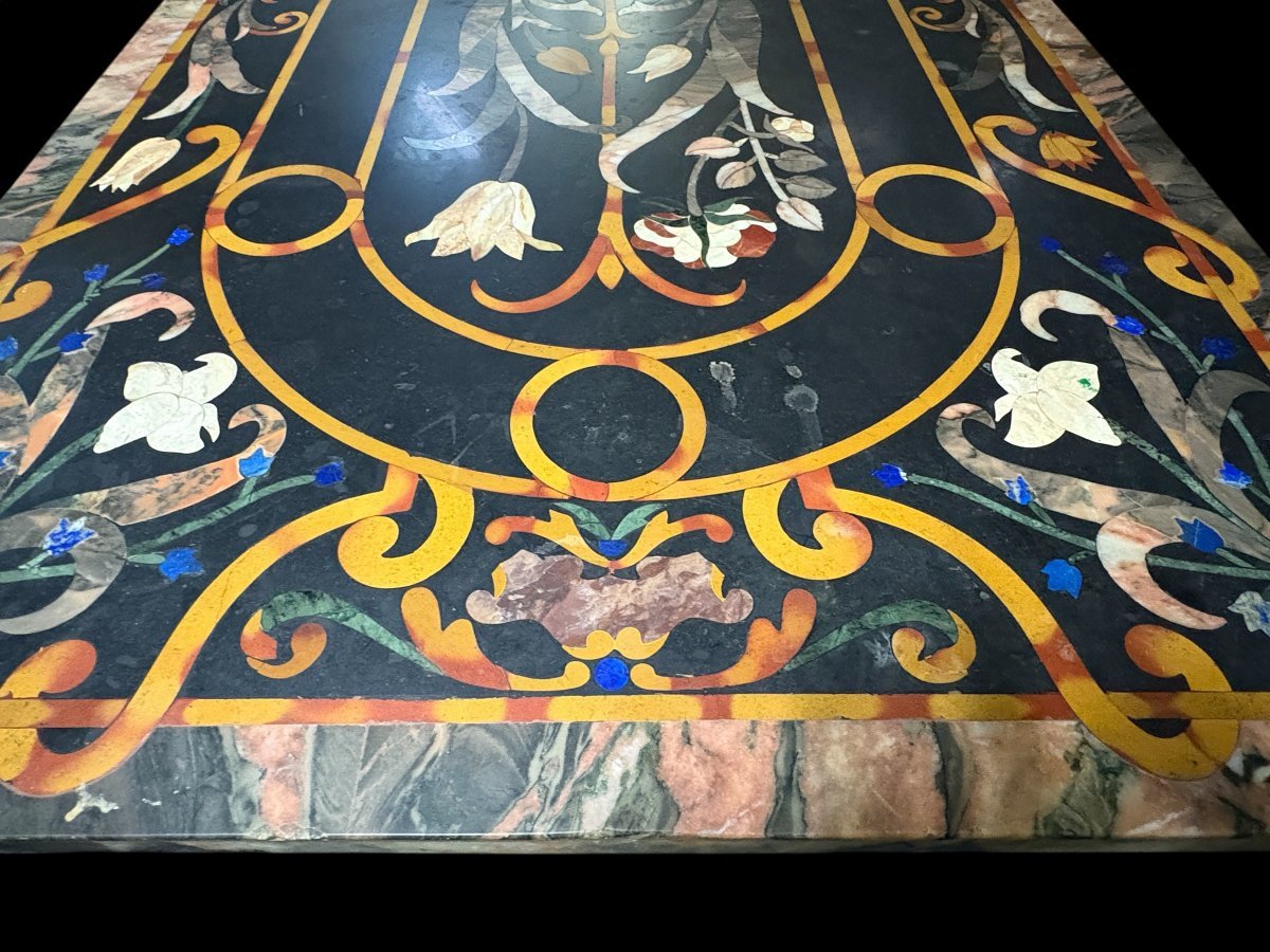 Large Italian Marble Table With Colored Semi-precious Stones, 20th Century-photo-3