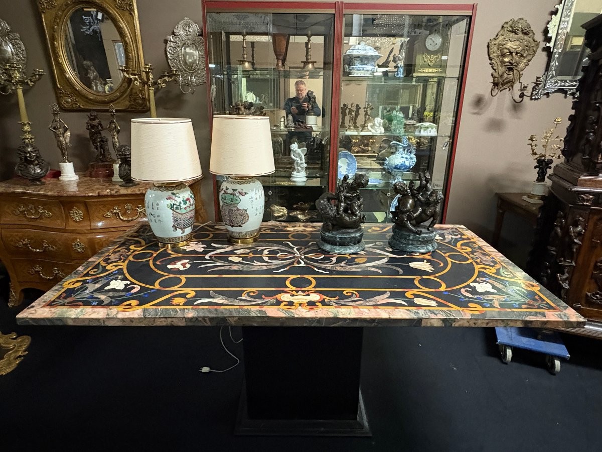 Large Italian Marble Table With Colored Semi-precious Stones, 20th Century-photo-8