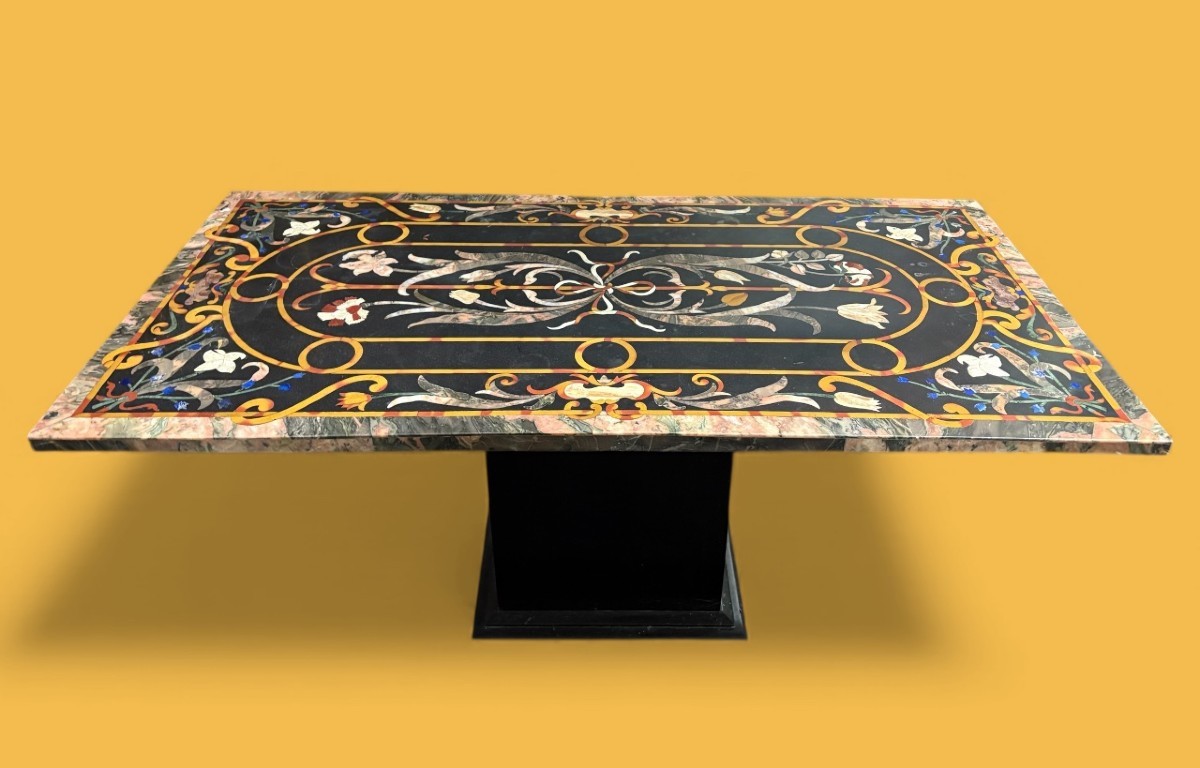 Large Italian Marble Table With Colored Semi-precious Stones, 20th Century