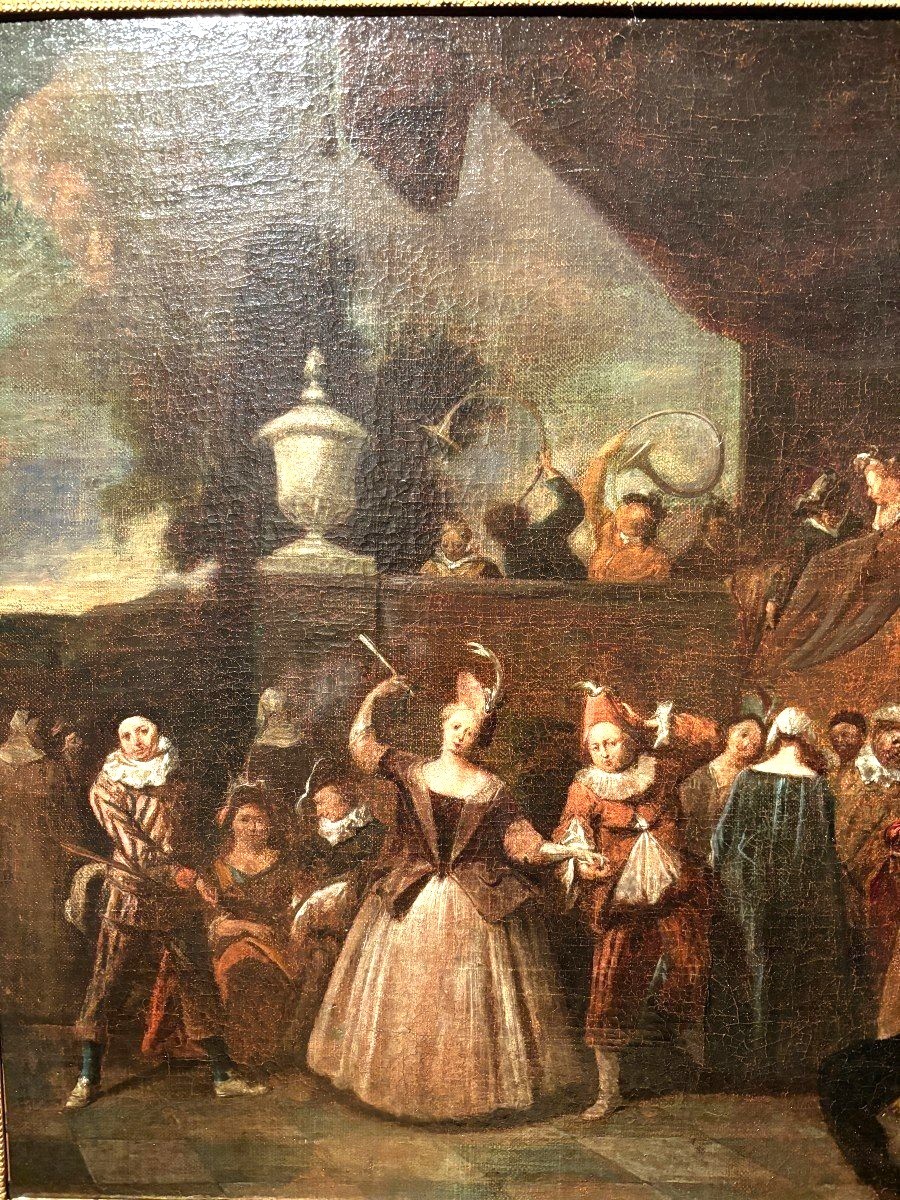 18th Century Painting "dance Scene With Harlequin" Oil On Canvas.-photo-2
