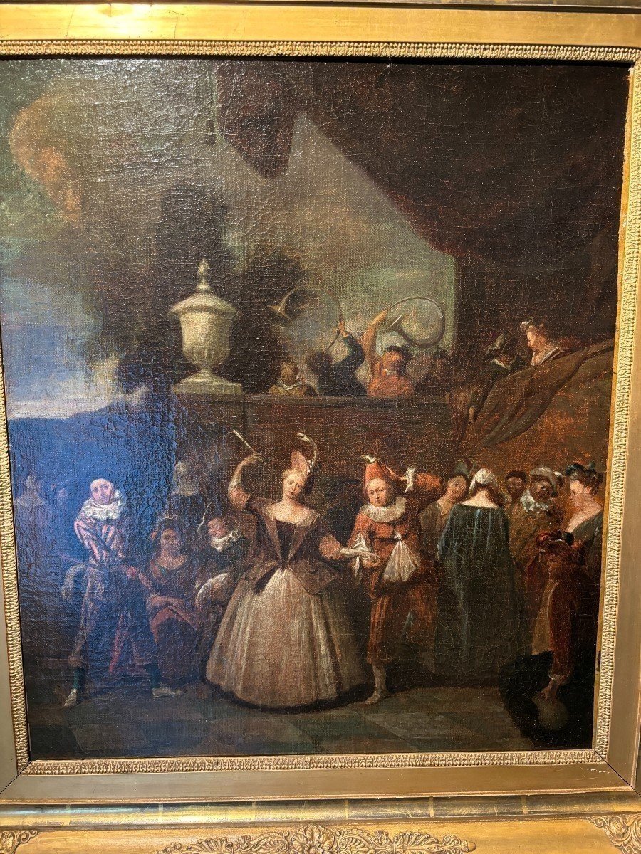 18th Century Painting "dance Scene With Harlequin" Oil On Canvas.-photo-2
