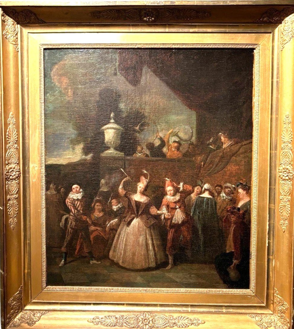 18th Century Painting "dance Scene With Harlequin" Oil On Canvas.-photo-7