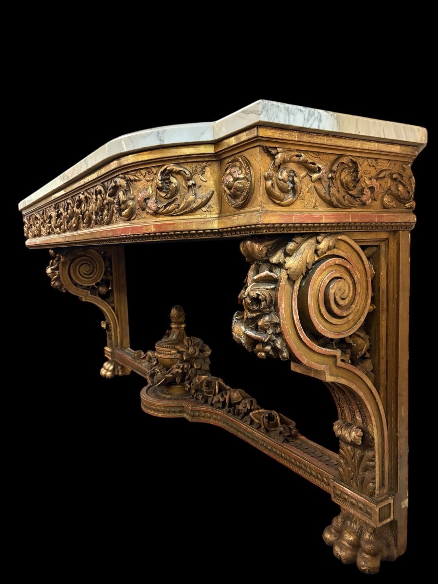 Très grande console de château ( 230 cm ) de style Louis XVI en bois doré du XIXe siècle .-photo-4