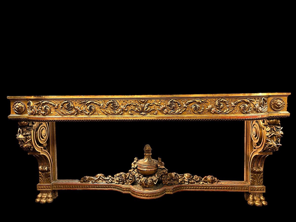 Très grande console de château ( 230 cm ) de style Louis XVI en bois doré du XIXe siècle .-photo-5