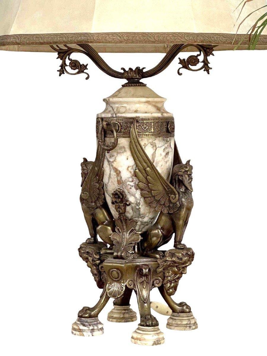 Pied de lampe « Sphinx mythologiques » en bronze / marbre 1920-photo-1