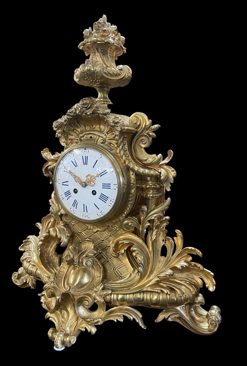 Large French Clock With Floral Decoration In Gilt Bronze, 19th Century. (65 Cm)-photo-4