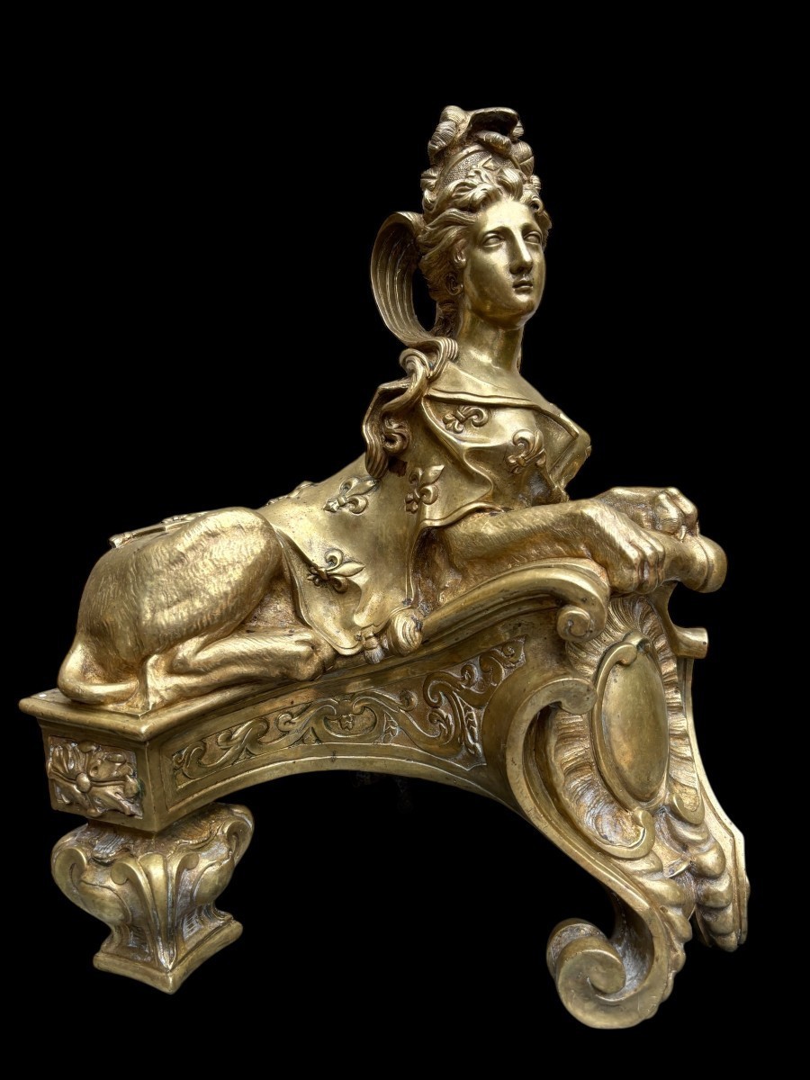 Pair Of Large "sphinx" Bronze Andirons, Regency Period, 19th Century.-photo-2