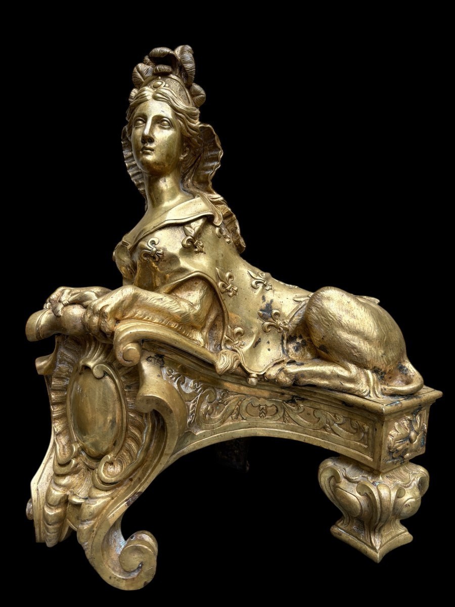 Pair Of Large "sphinx" Bronze Andirons, Regency Period, 19th Century.-photo-3