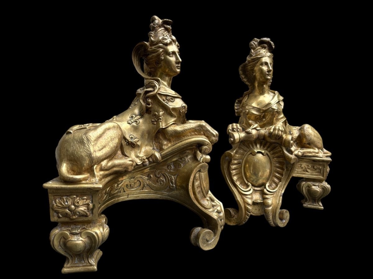 Pair Of Large "sphinx" Bronze Andirons, Regency Period, 19th Century.-photo-4