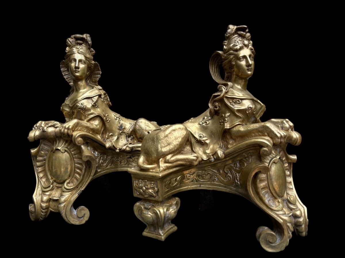 Pair Of Large "sphinx" Bronze Andirons, Regency Period, 19th Century.-photo-1