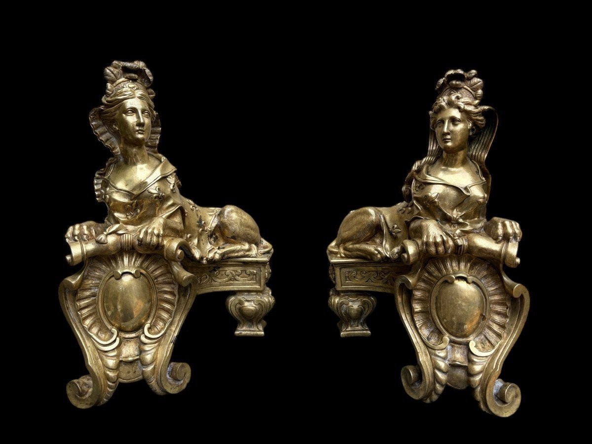 Pair Of Large "sphinx" Bronze Andirons, Regency Period, 19th Century.-photo-3