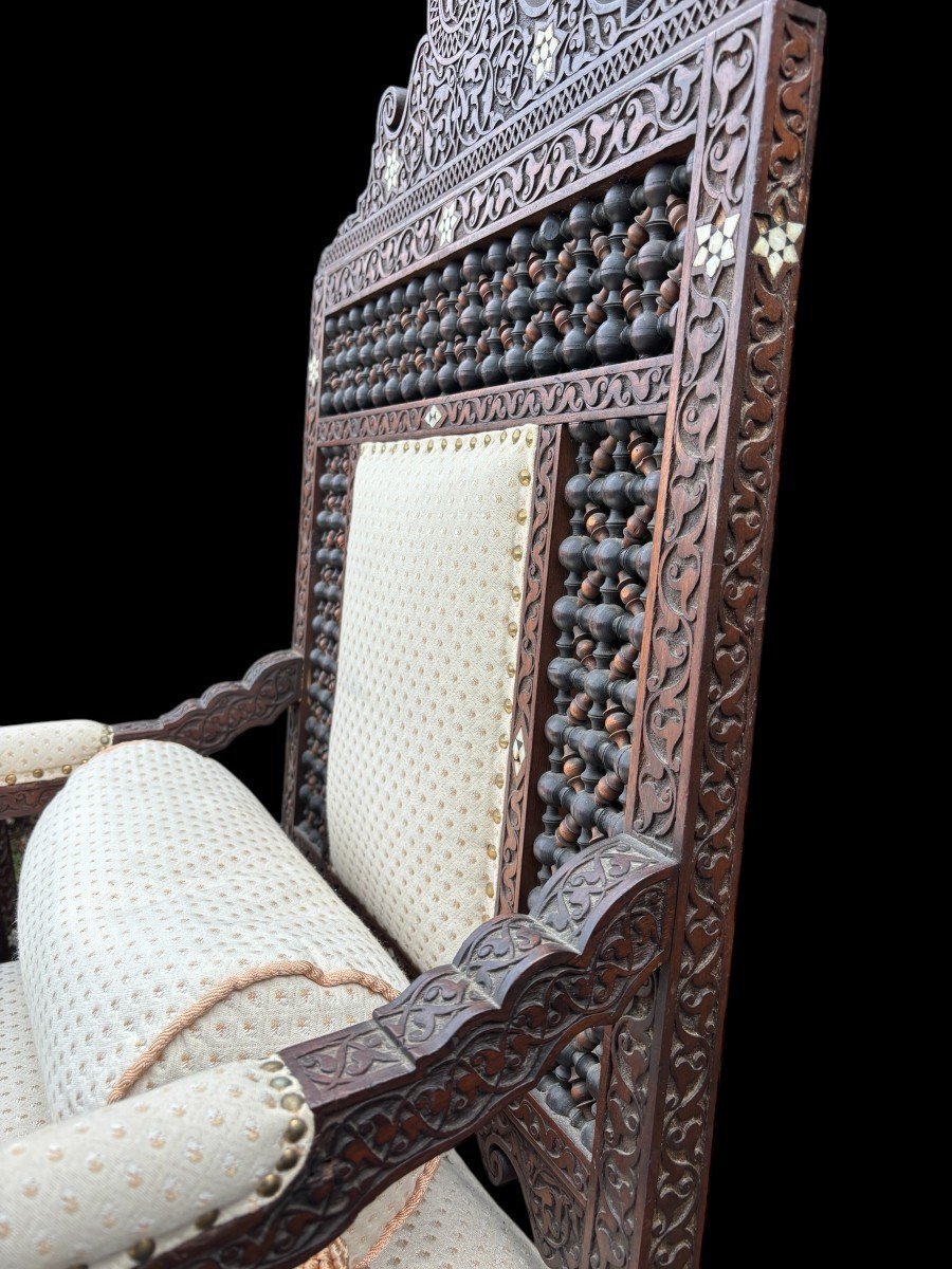 Pair Of Carved Armchairs With Ebony And Mother-of-pearl Inlays. Syria, 19th Century.-photo-5