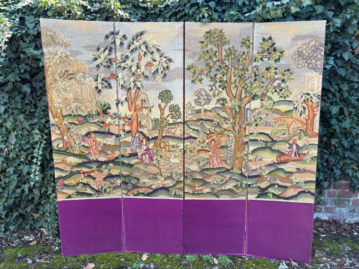 Decorative Four-panel Embroidered Screen, Dating From 1900-photo-2