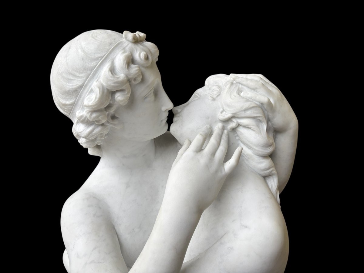 Large Sculpture (116 Cm) "love And Psyche" In Carrara Marble, 19th Century-photo-4