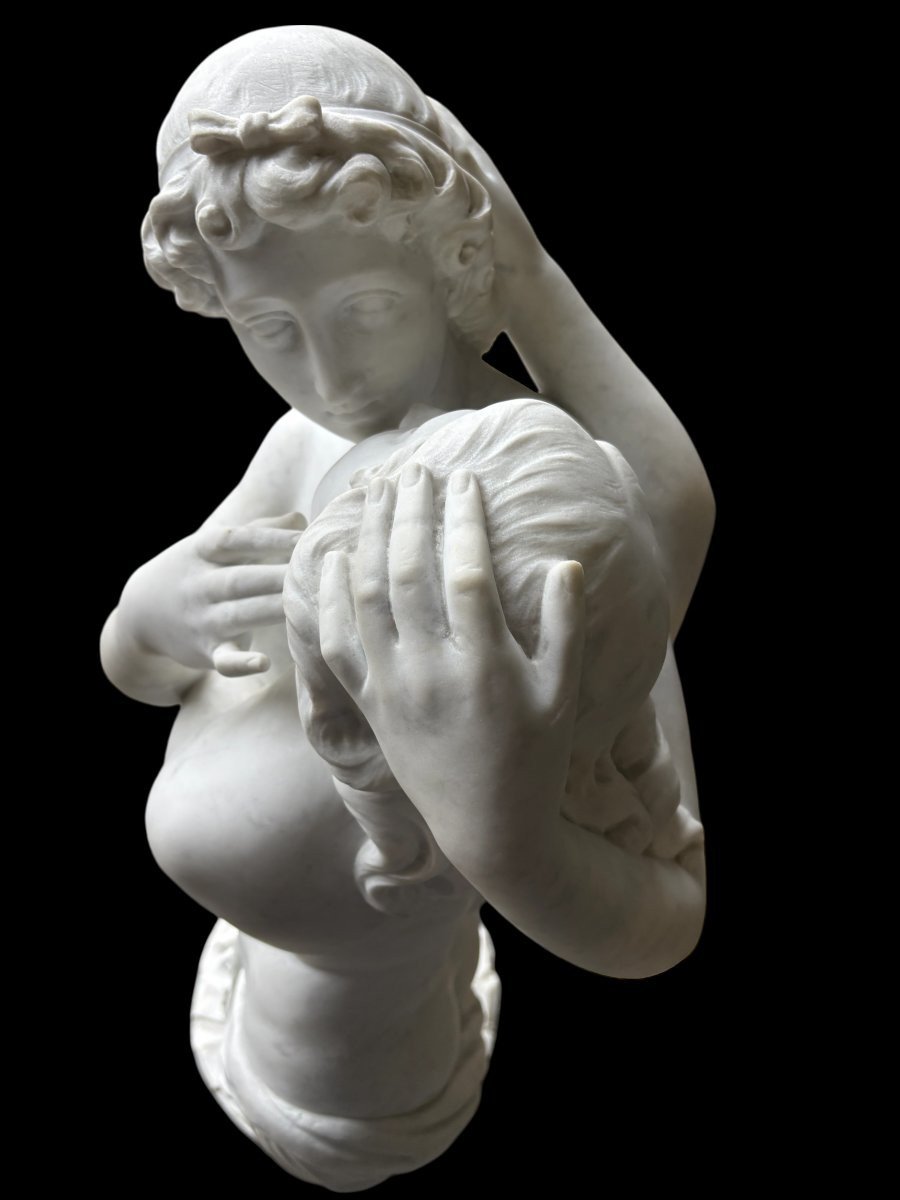 Large Sculpture (116 Cm) "love And Psyche" In Carrara Marble, 19th Century-photo-4