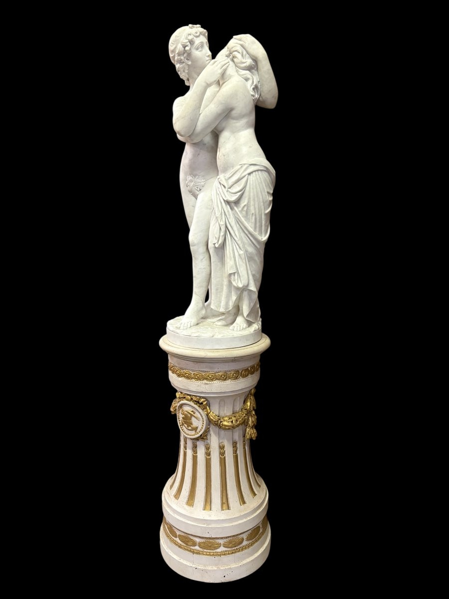 Large Sculpture (116 Cm) "love And Psyche" In Carrara Marble, 19th Century-photo-8