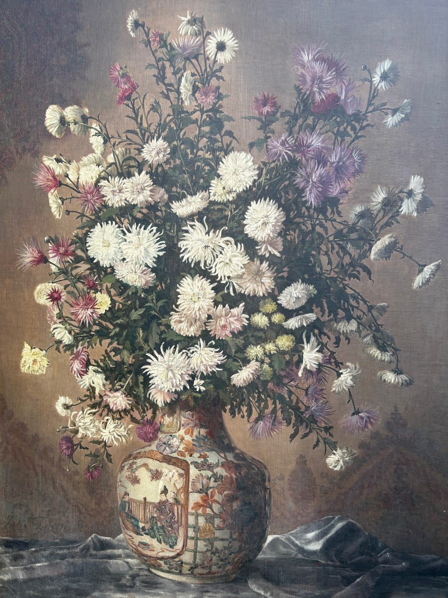 Large Painting (140 X 173.5 Cm) "bouquet Of Flowers In A Porcelain Vase" 19th Century.-photo-2